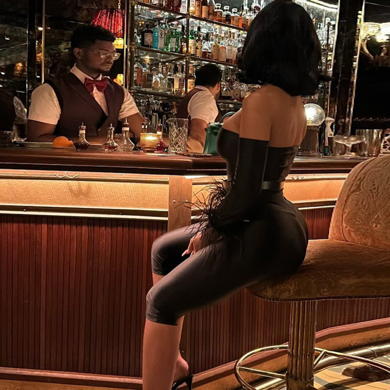 Spring Sexy Tube Top Backless Sleeve Skinny Hip Raise Solid Color Jumpsuit Women Clothing