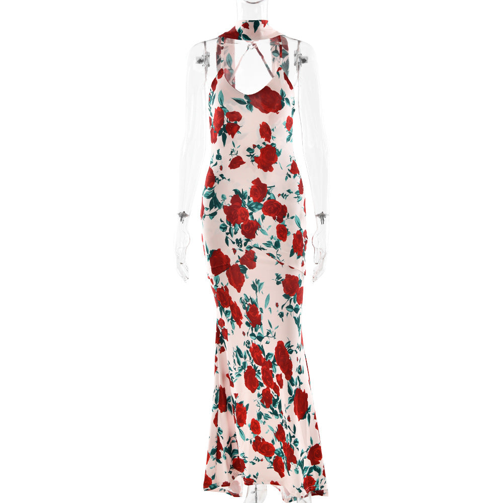 Spring Summer Sexy Dress Strap Backless Deep V Plunge Printed Sexy Slim Dress