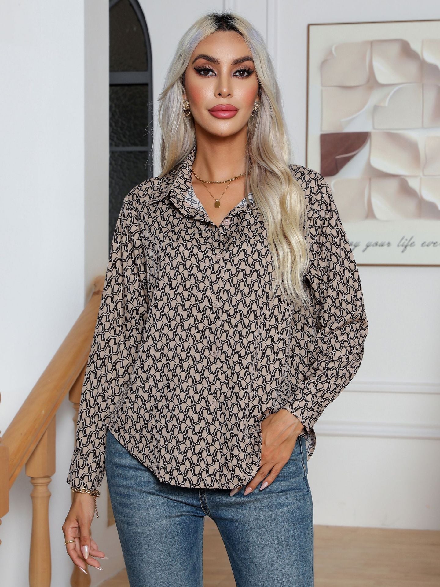 Geometry Pattern Printed Shirt Women Long Sleeved Shirt Autumn Winter Women Clothing