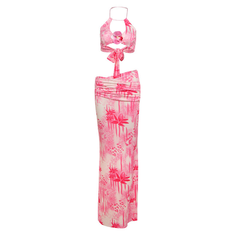 Spring Summer Women Sexy Pearl Chain Halter Spaghetti Straps Vest Printing Skirt Set
