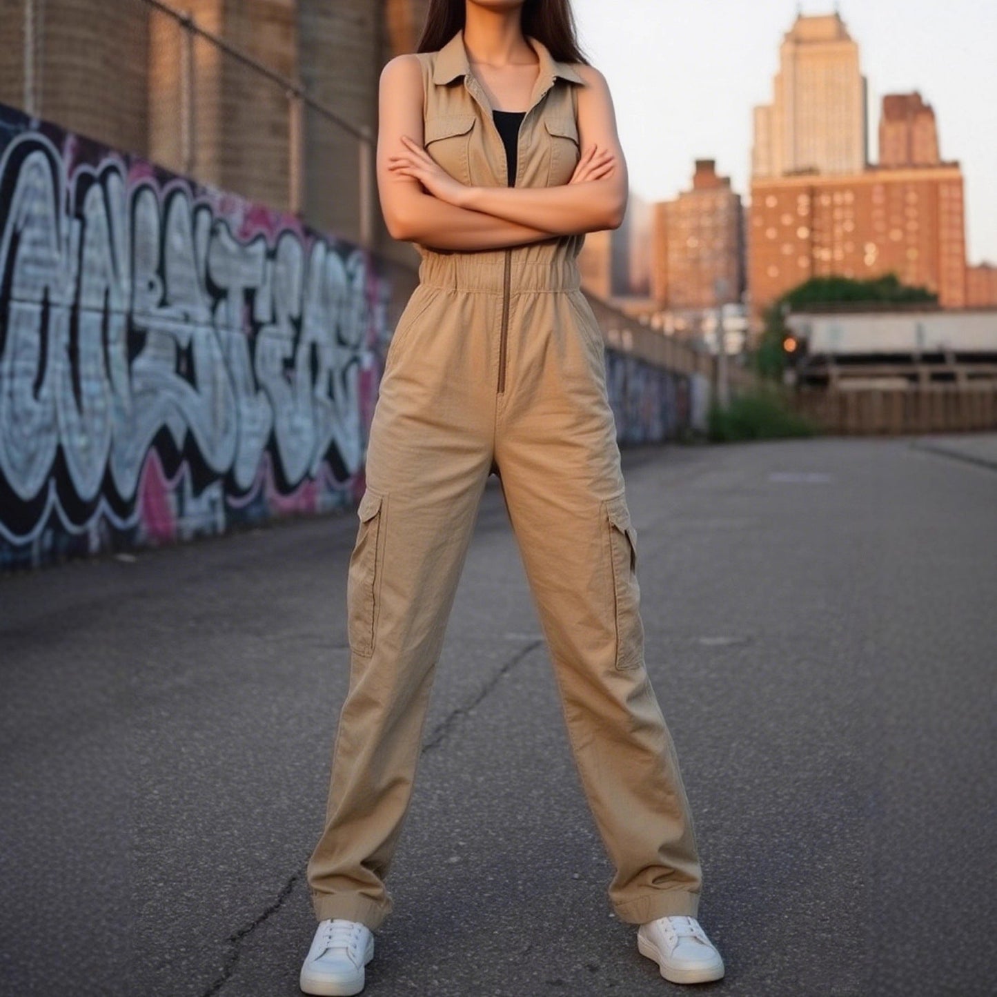 Women Workwear Multi Pocket Zipper V neck Tight Waist Jumpsuit Loose Trousers