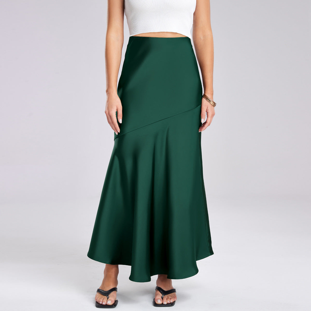 Women Acetate Satin Skirt High Waist Elastic Patchwork Maxi Dress Slim Slimming Sheath Dress