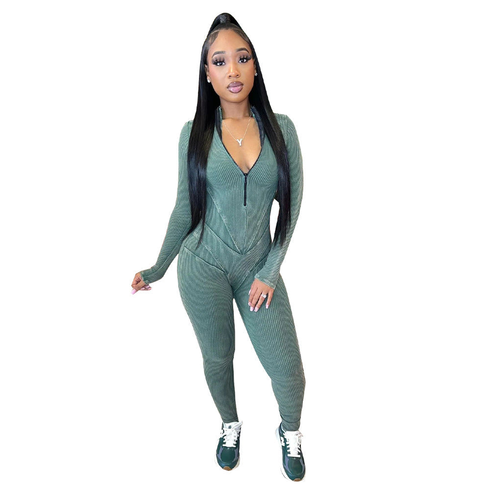 Women Clothing Sunken Stripe Printed Sexy V Neck Tight Zipper Jumpsuit