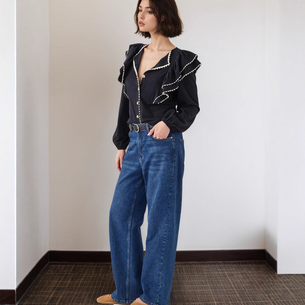 French Ruffled Long-Sleeved Shirt Women Autumn Polo Collar Single Row Multi Buckle All Matching Top