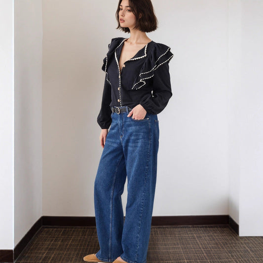 French Ruffled Long-Sleeved Shirt Women Autumn Polo Collar Single Row Multi Buckle All Matching Top