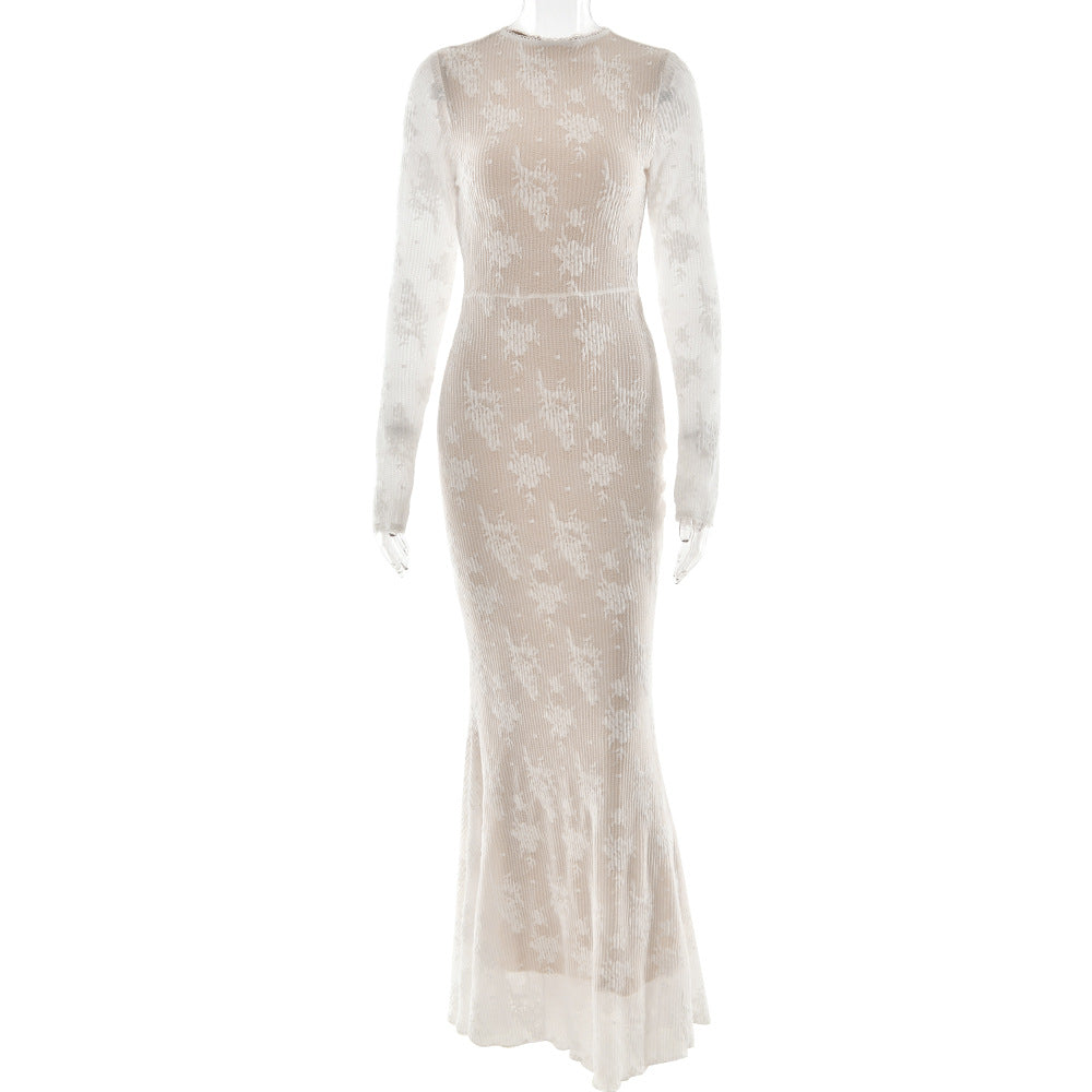Lace Long Sleeve round Collar Dress Sexy Sexy Slim Hollow Out Cutout Sheath Dress