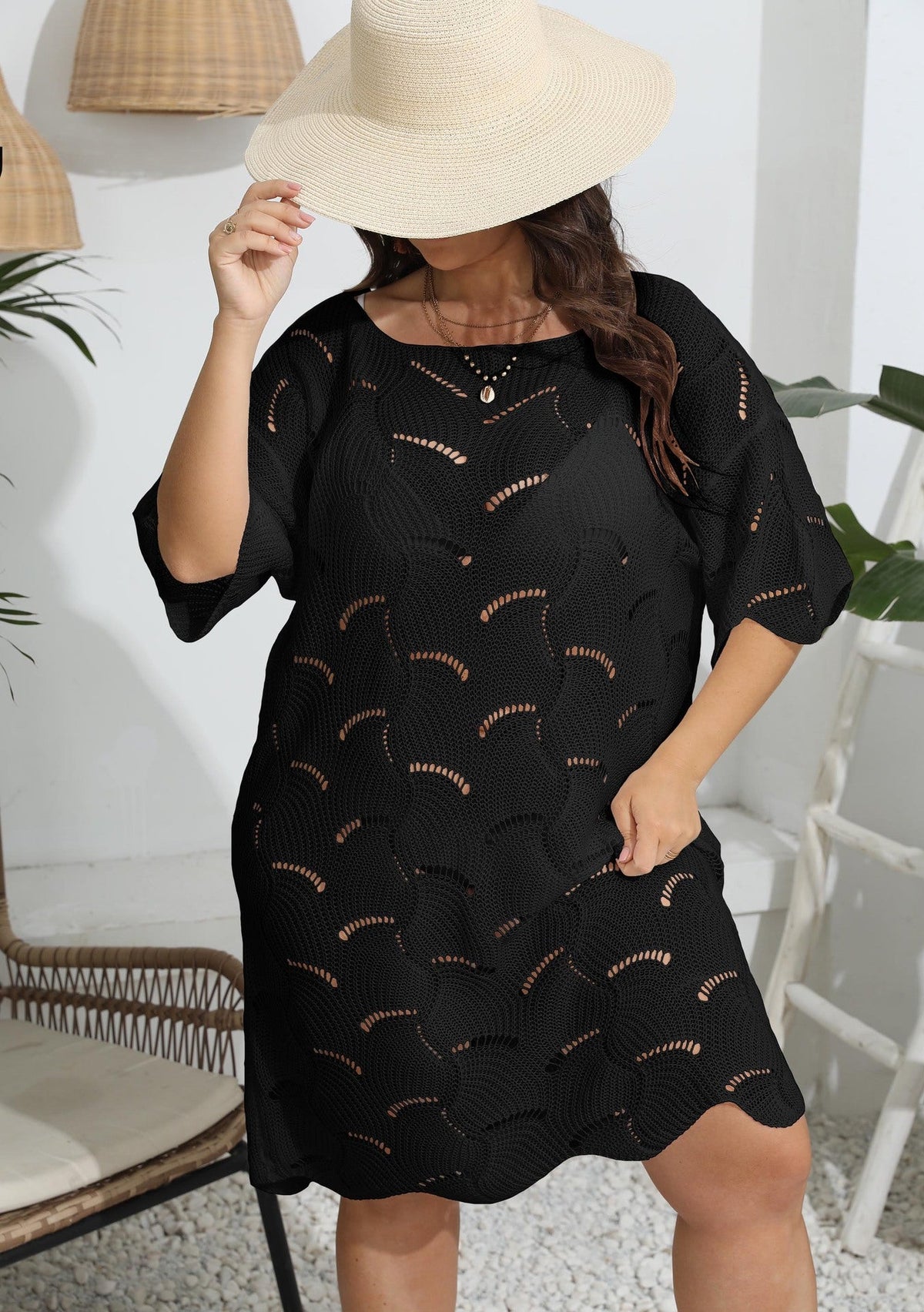 Beach Cover Up Women Clothes Sexy Off Neck Hollow Out Cutout Out Woven Beach Dress