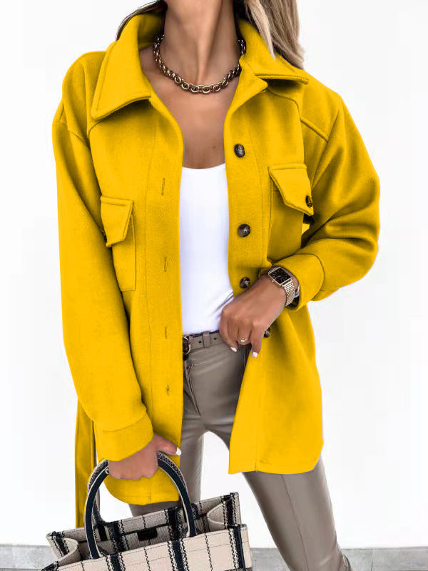 Fall Winter Lapels Single Breasted Thickened Solid Color Shirt Woolen Baggy Coat Female