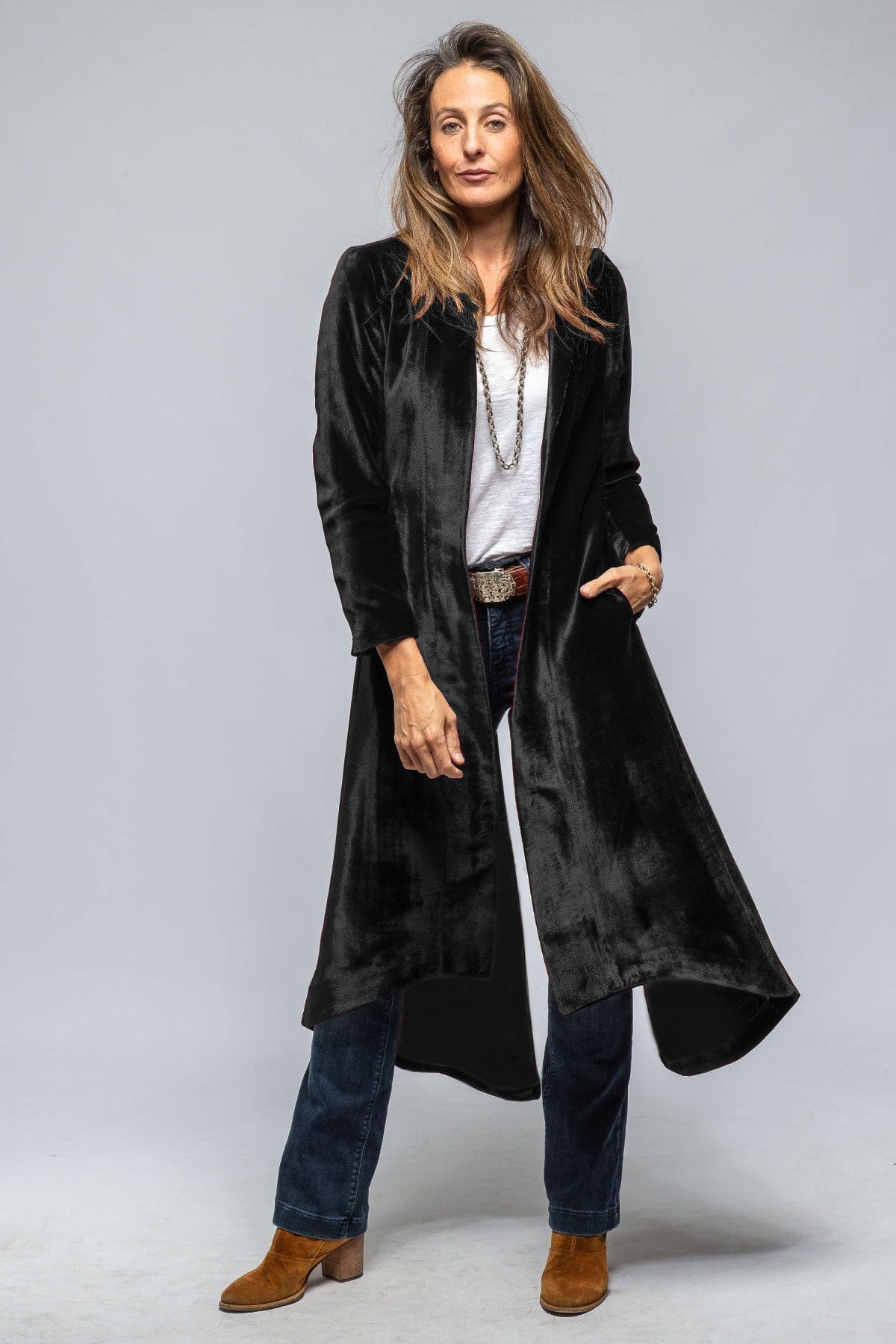 Women Clothing Velvet Long Cardigan Solid Color Retro Split Coat Trench Coat Loose Overcoat
