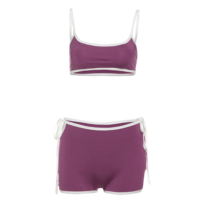 Spring Summer Women Sexy Contrast Color Camisole High Waist Lace up Base Shorts Casual Set