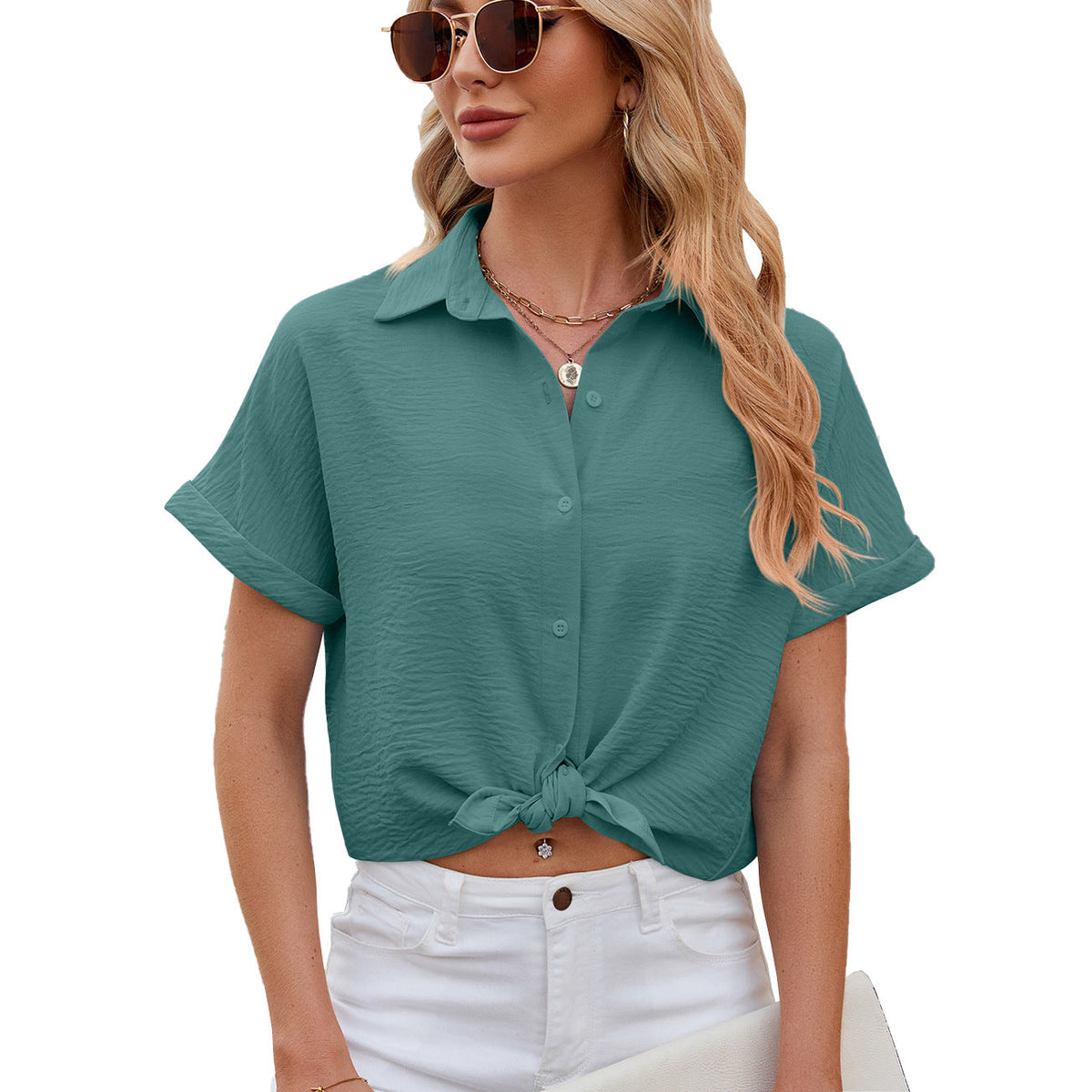 Spring Summer Solid Color Polo Collar Short Sleeved Shirt Button Loose Chiffon Shirt