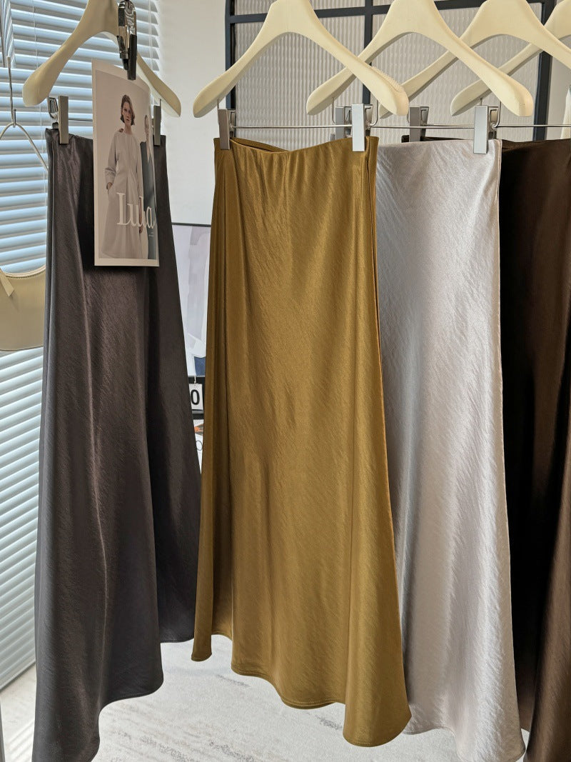 Acetate Satin Fishtail Skirt Women Simple Graceful Drooping Slimming Sheath A line Mid Length Skirt