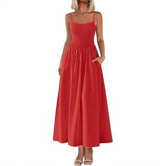 Women's Wear, Thin Shoulder Strap Pleated Vest, Suspender Pocket Dress