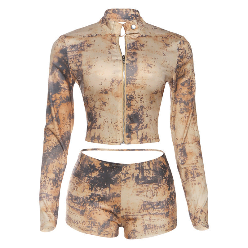 Fall Women Clothing Sexy Cropped Top Hip Shorts Printing Set Women