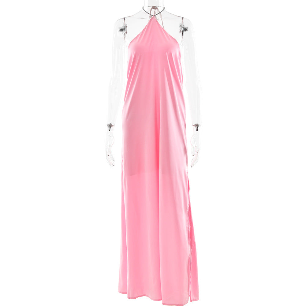 Arrival Advanced Satin Halter Dress Sexy Backless Solid Color Split Slim Fit Maxi Dress