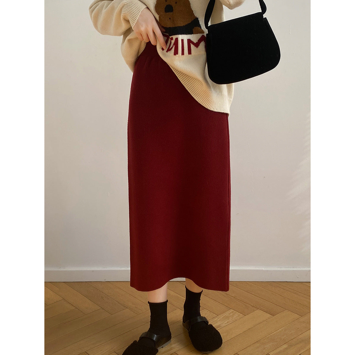 Knitted Skirt for Women Autumn Winter Niche A line High Waist Mid Length Knitted Skirt