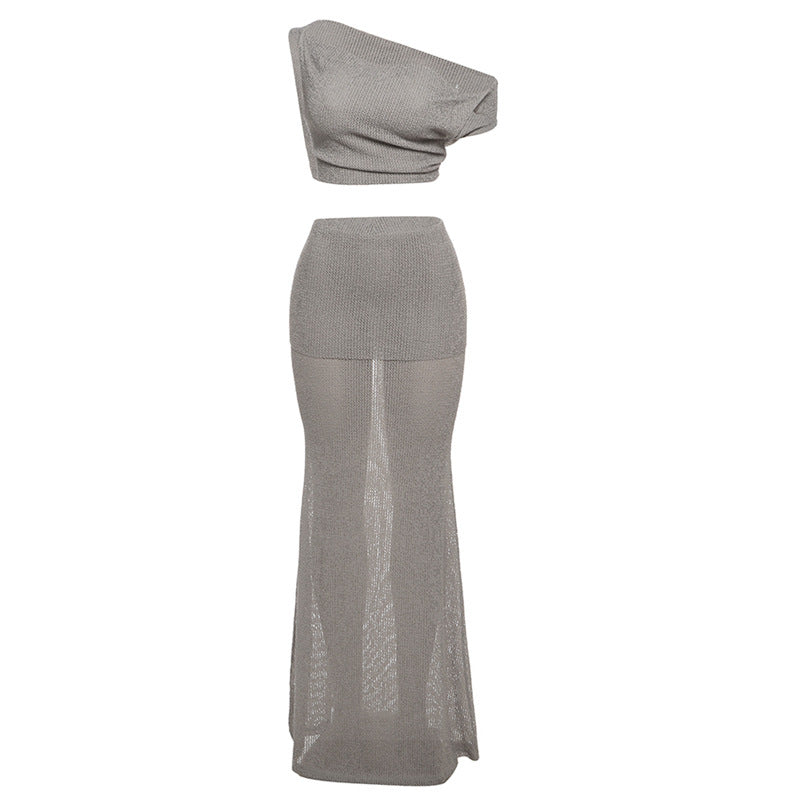 Spring Women Clothing Sexy Oblique Shoulder Backless Top Solid Color Slim Skirt Set Women