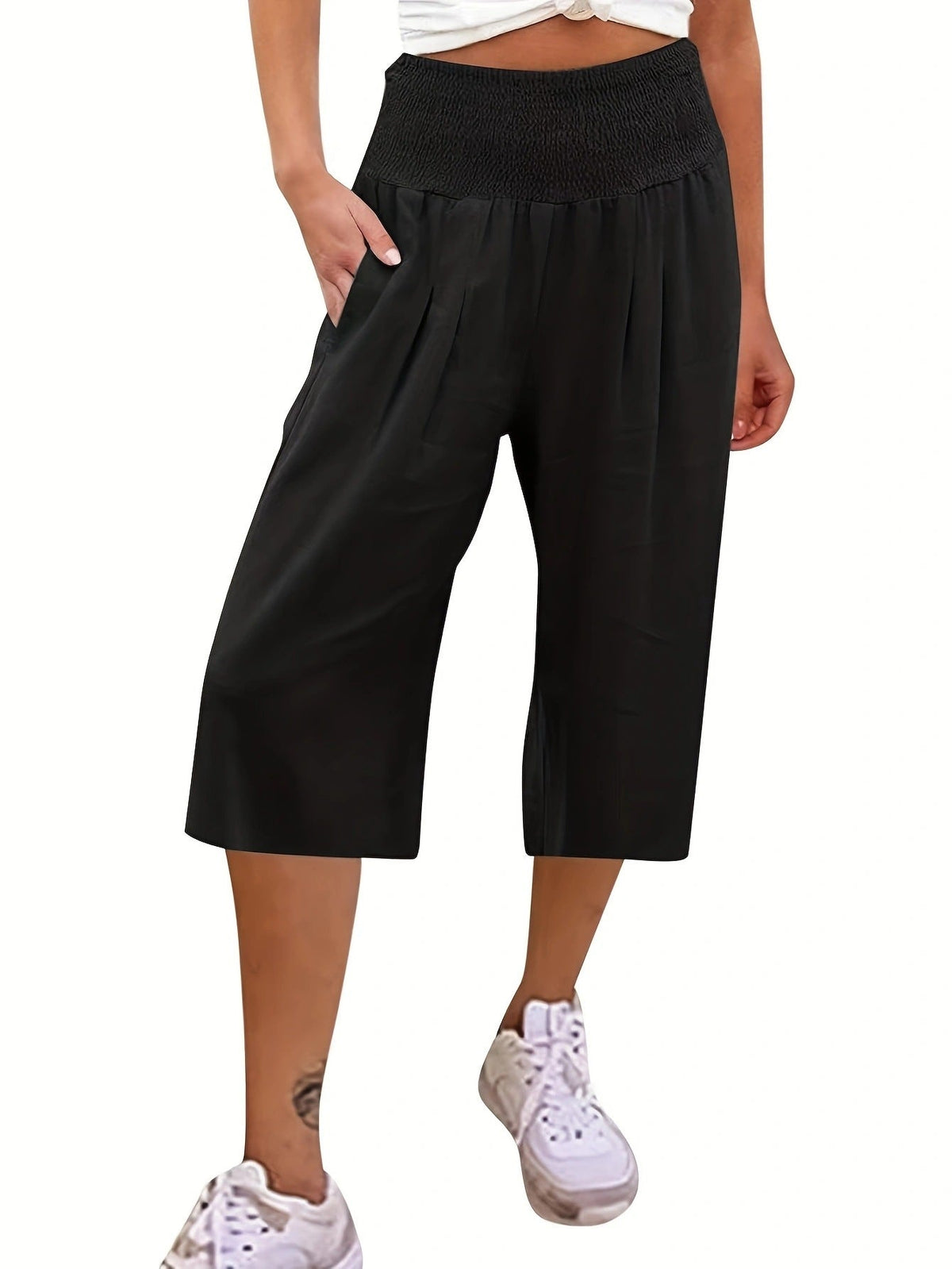 Summer Cotton Linen Capri Pants Smocking Thin Pocket Wide Leg Casual Pants Women