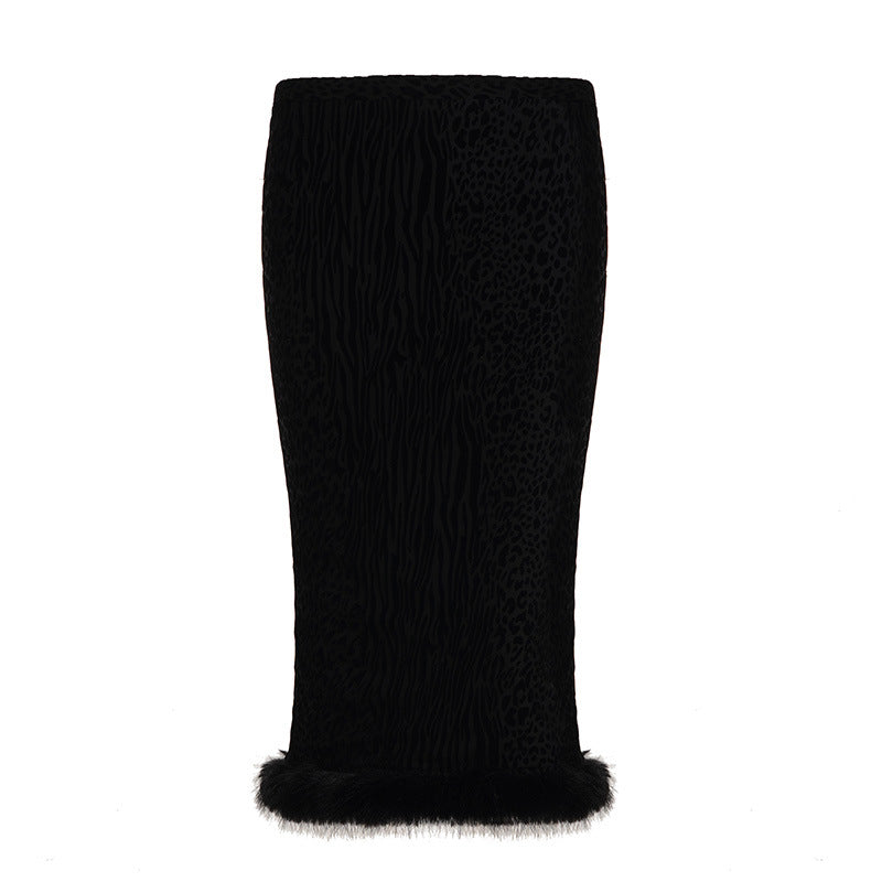 Sexy Flocking Wool Tops Lace up Cardigan Leopard Print Skirt Women Fur Stitching Two Piece Sets