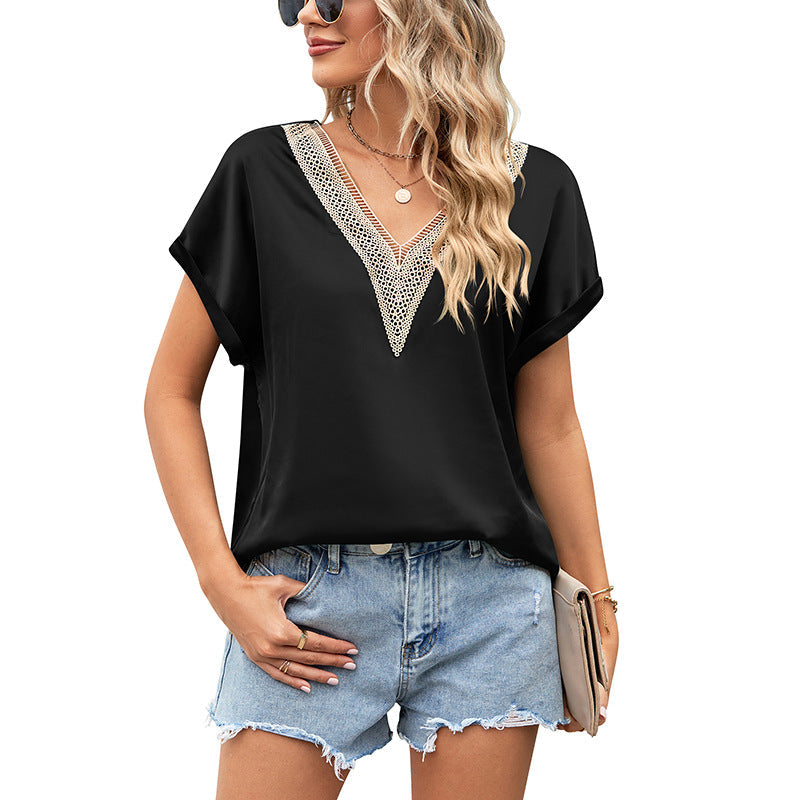 Summer Women Clothing V Neck Lace Satin Short Sleeve Shirt Batwing Sleeve Top