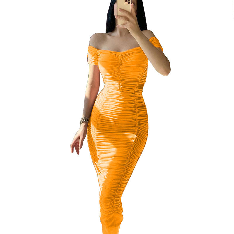 Solid Color Dress Elegant Summer Women Clothing off-Shoulder Pleated Dress