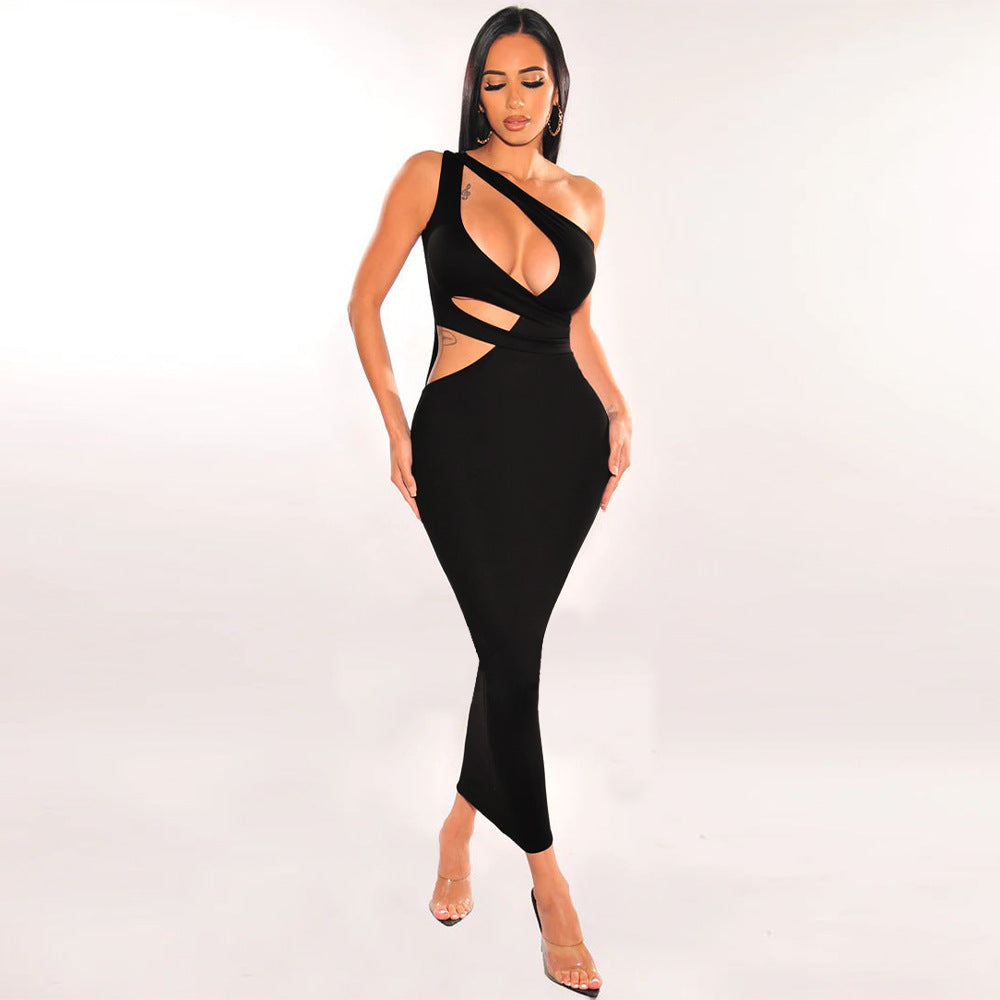 Women Clothing Slant Shoulder Asymmetric Sexy Slim Dress