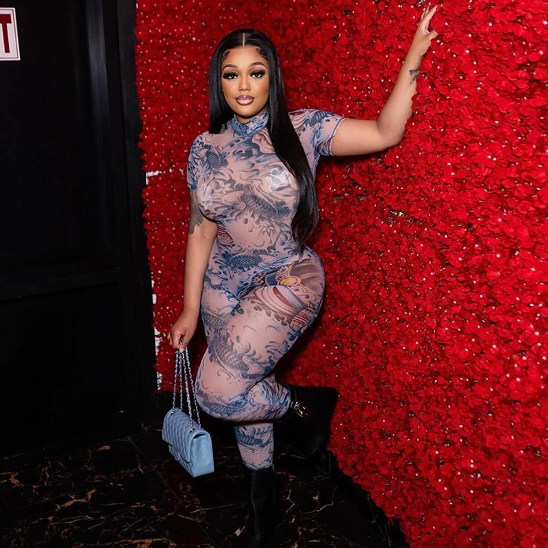 Summer Women Clothing Sexy Backless Printed Sheer Mesh Jumpsuit for Women