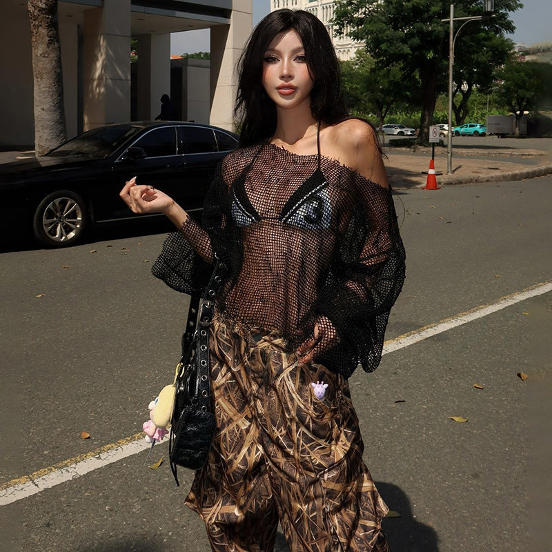 Autumn Winter Sexy See through Oblique Shoulder Loose Fitting Solid Color Long Sleeves Top Sexy Mesh Base Clothing