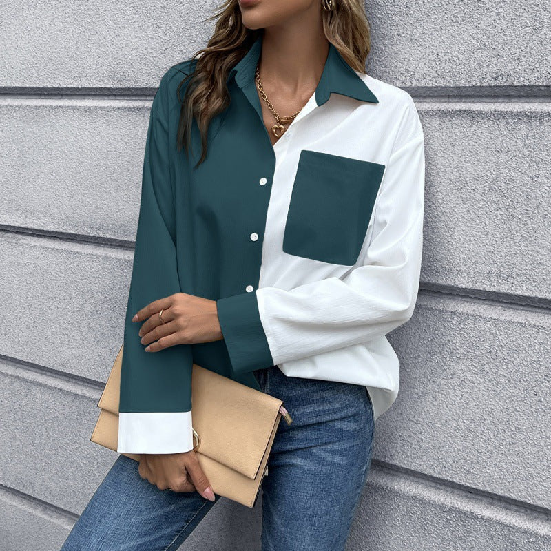 Women Clothing Color Contrast Patchwork Single Breasted Cardigan Shirt Collared Shirt Top Women