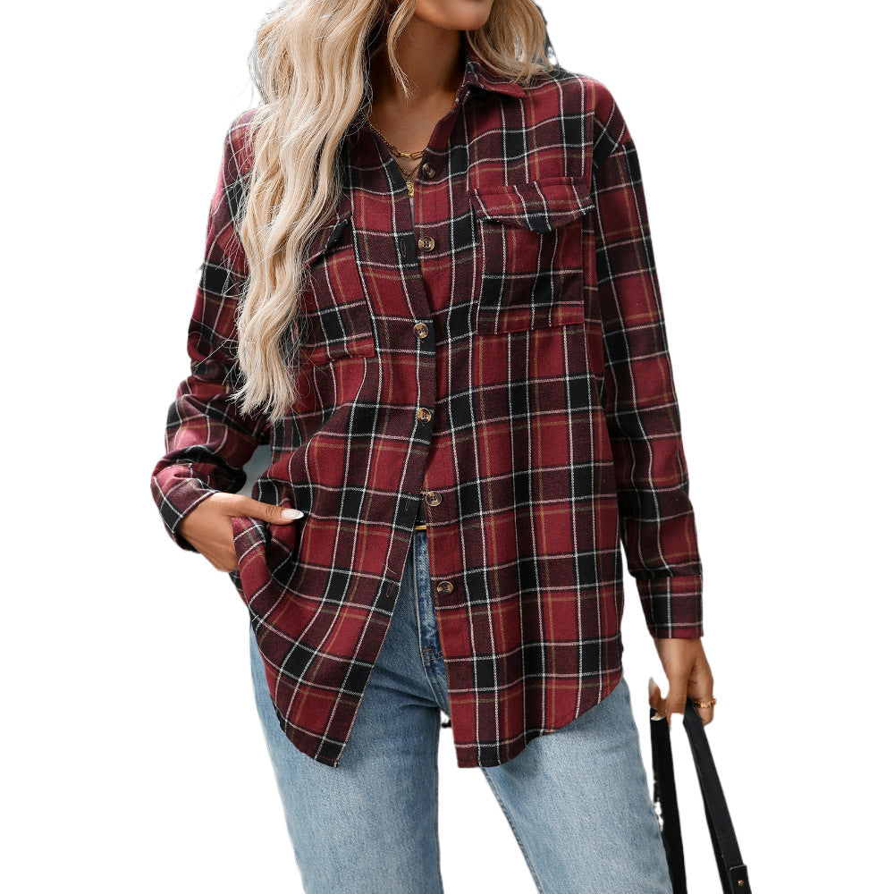 Autumn Winter Women Clothing Casual Loose Plaid Pocket Shirt for Women