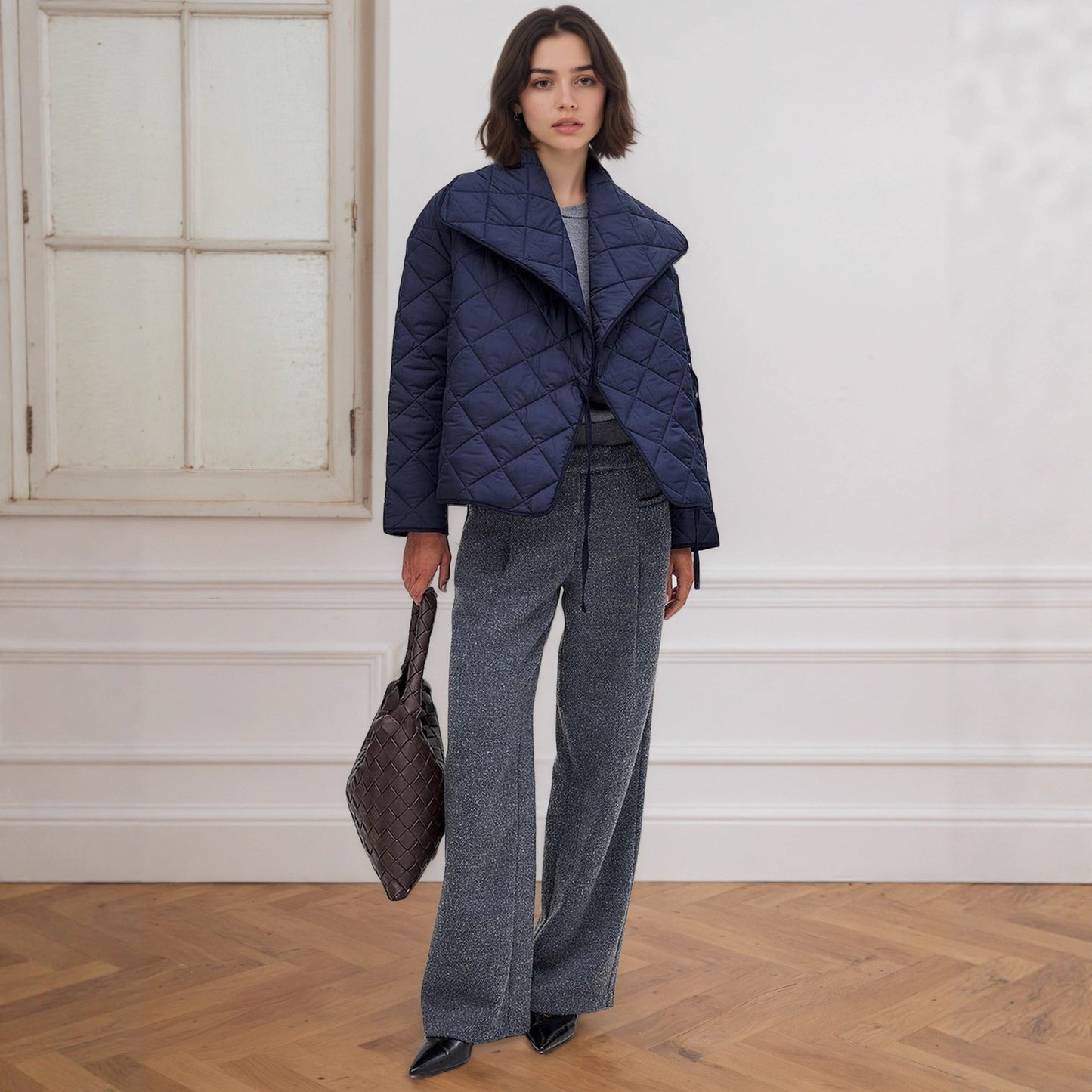 Women Large Collared Sapphire Blue Tone with Rhombic Quilted Short Loose Design Cotton Padded Coat