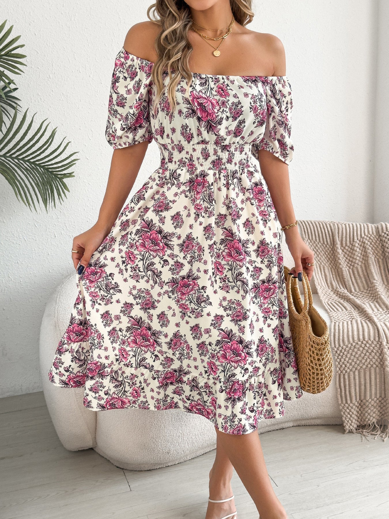 Spring Summer Off shoulder Short sleeved Floral Ruffled Vacation One piece Dress Independent Site Women Clothing