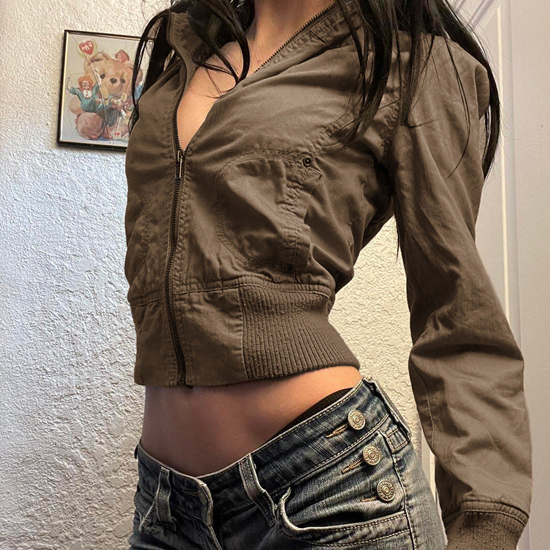 Early Autumn Workwear Waist Tight Jacket Vintage Brown Zipper Turtleneck Slimming Casual Fashionable Jacket