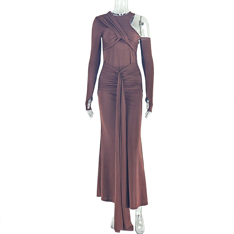 Solid Color Design Women Pleated One Shoulder Hip Dress Lace up Cutout round Neck Length Dress