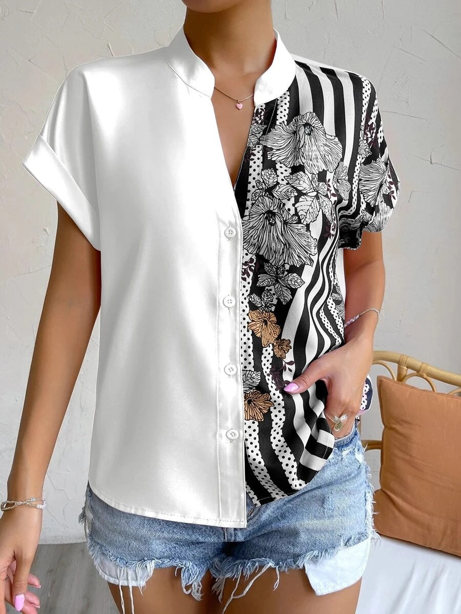 Women Clothing Summer Double Matching Contrast Color Floral Button Cardigan Short Sleeve Shirt Women