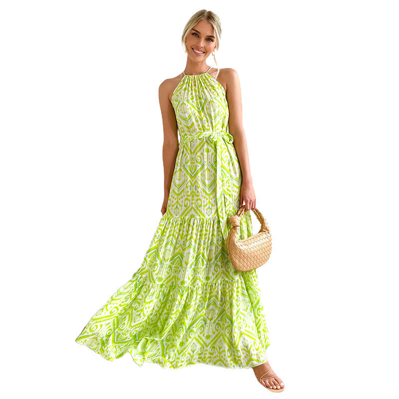 Spring Summer Bohemian Vacation Elegant Women Printed Halter Dress