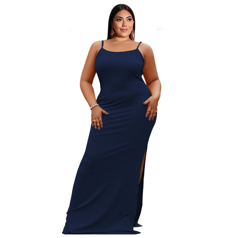 Plus Size Women Clothes Summer Sunken Stripe Sleeveless Split Sexy Tight Dress
