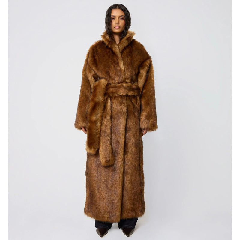 Women Winter Faux Fur Young Wolf Fur Coat Women Long below the Knee Warm Coat