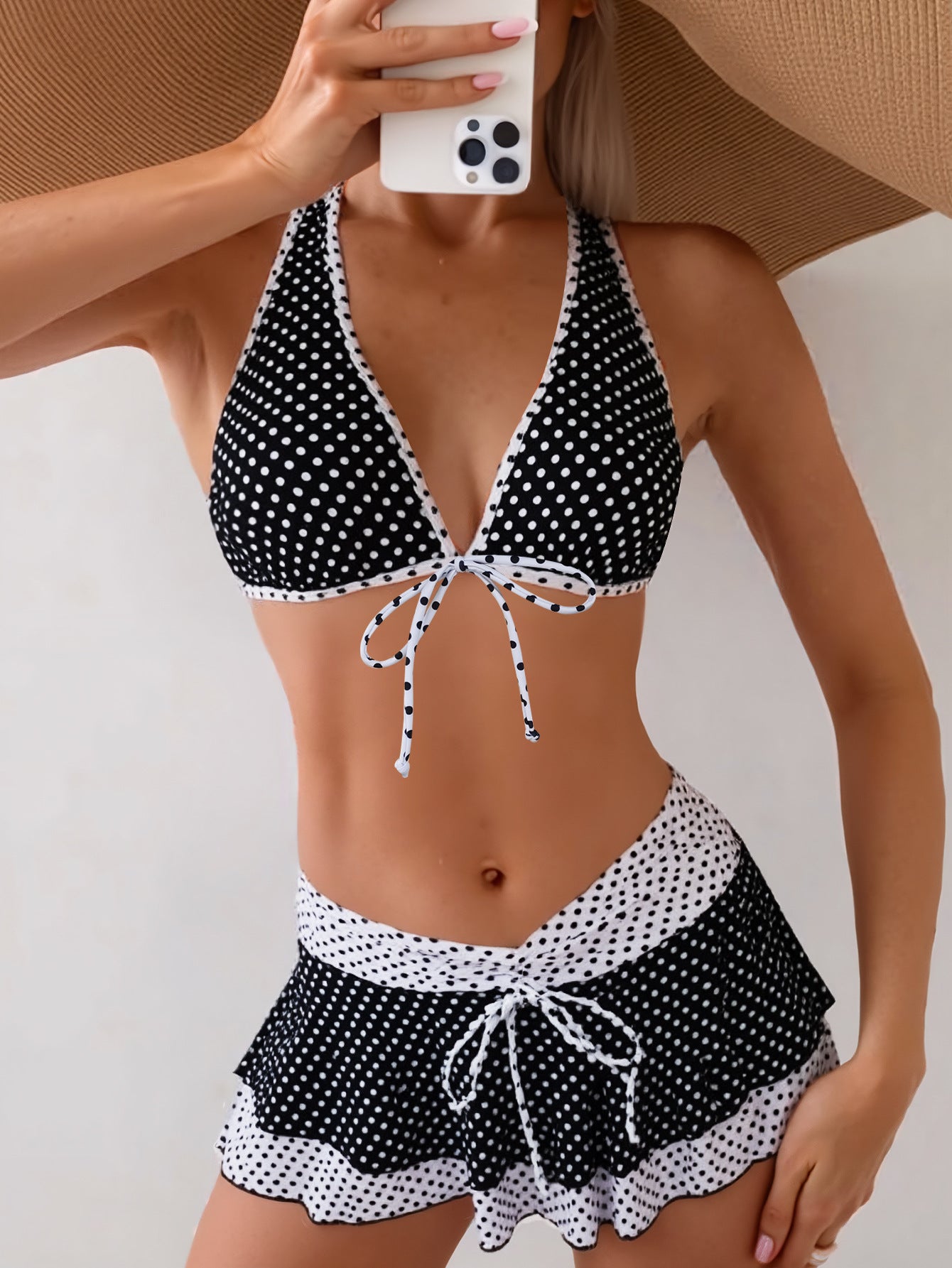 Bikini Polka Dot Printed Lace up Sexy Belt Overskirt Vacation Swimsuit Three Piece Set for Women