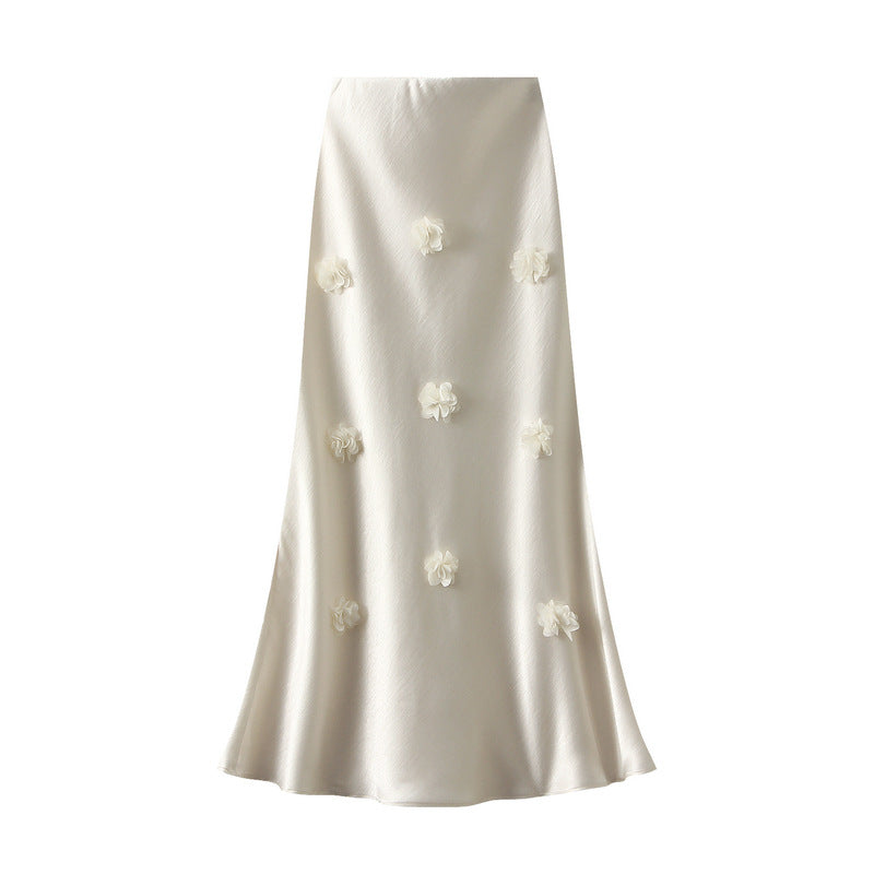 Chinese Three Dimensional Floral Long Skirt Summer Satin Slimming Dress Maxi Dress