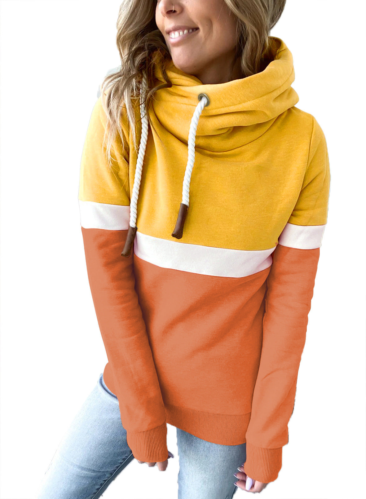Women Sweatshirt Autumn Winter Solid Color Stitching Casual Pullover Hooded Sweatshirt for Women