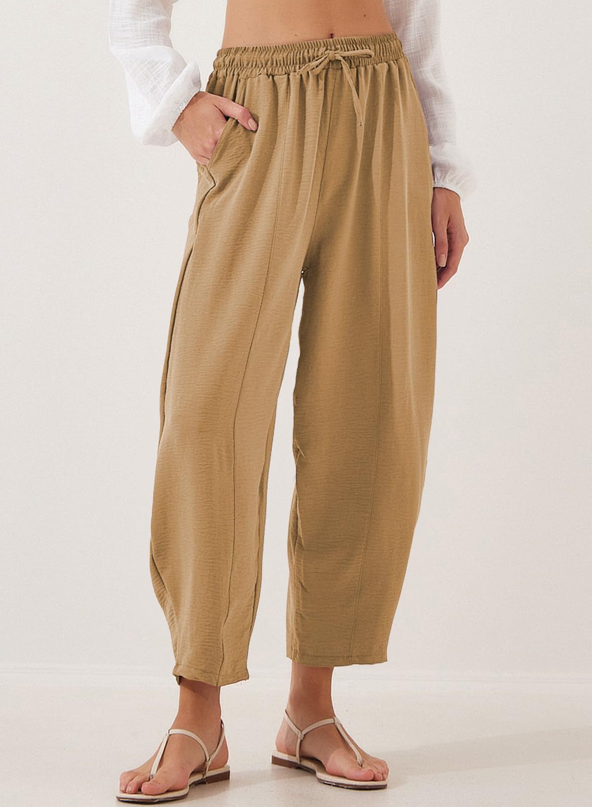 Women Clothing Spring Summer High Waist Loose Vacation Casual Drawstring Pocket Cropped Pants