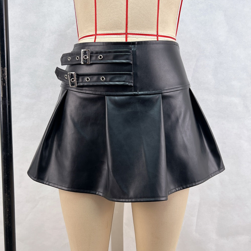 Women Clothing Sexy Punk Skirt Faux Leather Advanced Pleated Short Skirt