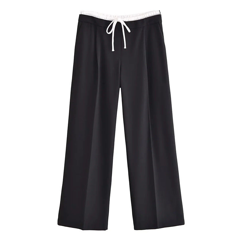 Autumn Women Clothing Office Casual Drawstring Sports Wide Legs Trousers Stitching Design Pants