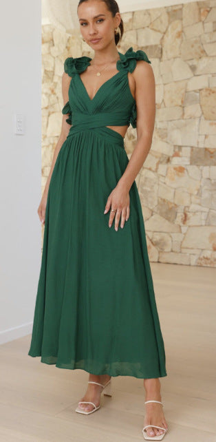 Summer Dress Backless Cross Rope Pleated Chiffon Floral Large Swing Dinner Dress