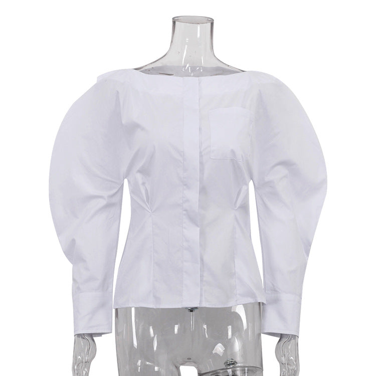 Cotton White Shirt Women Niche Cross Design Long Sleeve Fitted Waist Backless Cardigan off Neck Shirt