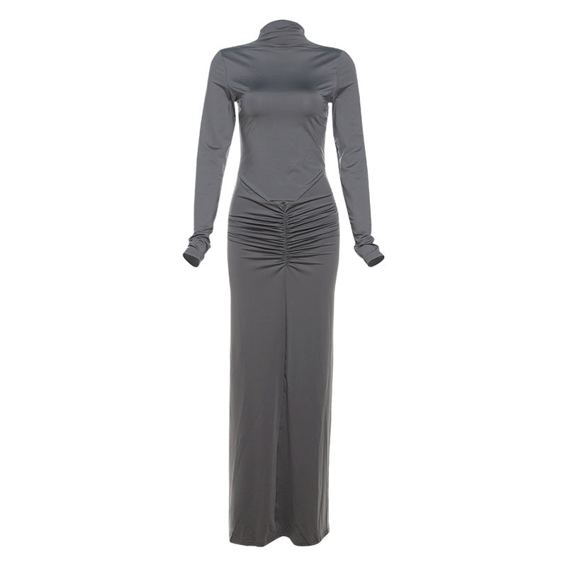 Autumn Winter Sexy Slimming Beam Waist Solid Color Maxi Dress Pleated Dress Women