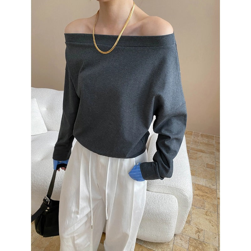 Early Autumn Blogger off Shoulder Design Striped Stitching Long Sleeve T shirt
