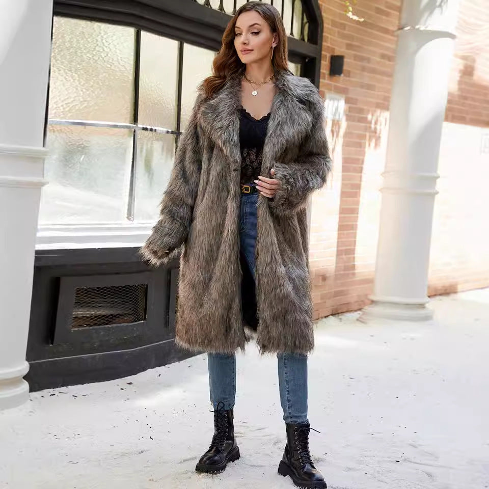 Autumn Winter Collar Long Ladies Faux Fur Coat Top Plush Coat