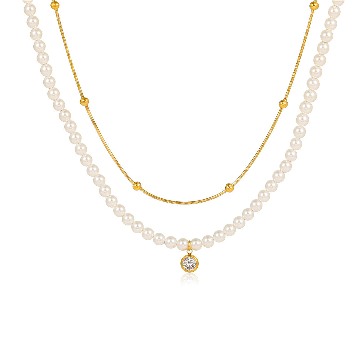 All Match Pearl Double Chain Inlaid Zircon Titanium Steel Necklace 18K Stainless Steel Clavicle Chain Accessories